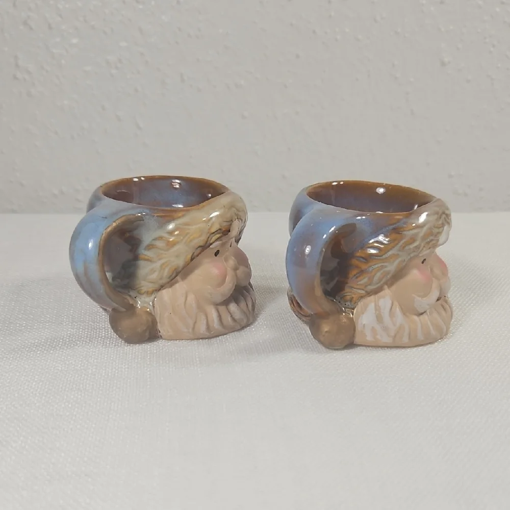 NWT Set of 2 Bohemian Brown Cream & Blue Santa Claus Ceramic Tea Light Holders